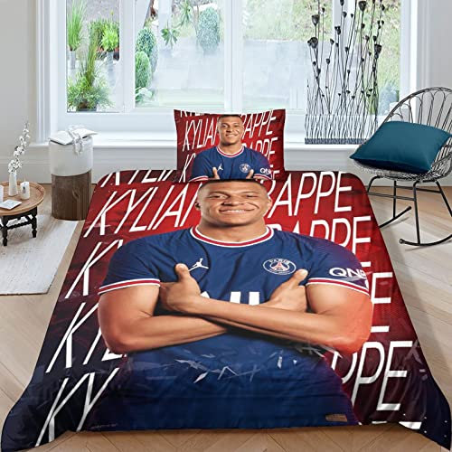 HESHS Paris St German PSG Bettwäsche Single(135x200cm) Set Von 3 Mit 3D Kylian Mbappé Motiv Bettbezug Sets 3-teilige Mikrofaser Bettwäsche Kinder Mit Für Kinder, Erwachsene