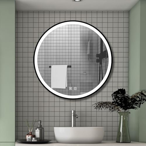 Aica Sanitär Badspiegel Rund 80cm Schwarz Spiegel mit LED Beleuchtung Warm/Neutral/Kaltweiß dimmbar Memory Wand/Touchschalter Anti-Beschlag automatische Abschaltung Runder Spiegel