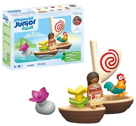 PLAYMOBIL Junior & Disney 71459 Catamarán de Vaiana, con Flores flotantes y un Gallo, Juguete sostenible Hecho de plásticos a Base de Plantas, Juguetes para niños y niñas a Partir de 1 año