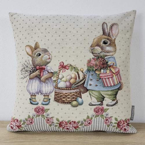 Sandner Kissenhülle Gobelin Ostergirlande 45 x 45 cm Kissenbezug Sofakissen Dekokissen, 1 Stück, 5166K06