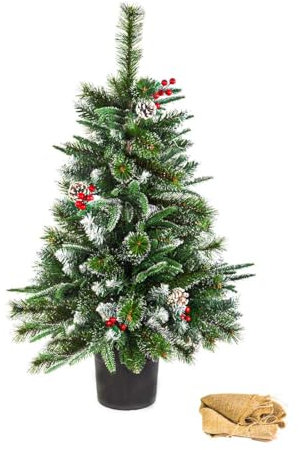 Kleiner Weihnachtsbaum | 3 ft Tisch-Weihnachtsbaum, 6 Tannenzapfen, 6 Beeren, 155 Spitzen (dünner, falscher, glänzender Schnee) | flauschig und realistisch | Weihnachtsstimmung