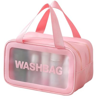 Namenand Trousse de Toilette Transparente, Kit de Voyage pour l’Avion, PVC Étanche Trousse de Toilette Voyage pour Homme et Femme avec Poignée à Fermeture éclair, Séparation Sèche Et Humide - Rose