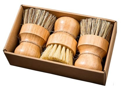 Lot de 3 brosses à vaisselle en bambou - En palmier et sisal - En bois durable - Multifonctionnel - Pour nettoyer les pots, la vaisselle, les éviers, les fruits et les légumes