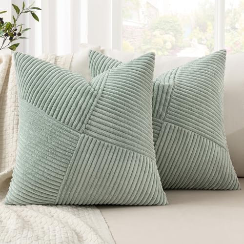 MIULEE Kissenbezug 45x45 Graugrün Kordsamt 2er Set Kissenbezüge Zierkissenbezug Kissenhülle Sofakissen Dekokissen Streifen Muster Patchwork Design für Wohnzimmer