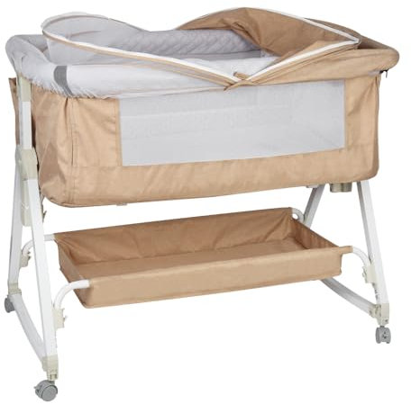 HUOLE 3 in 1 Beistellbett, Reisebett Baby mit Matratze, Babybett 6 Fach höhenverstellbar mit Aufbe, tragbarer Stubenwagen mit Rollen für Baby bis 36 Monaten-92 * 52 * 106-118cm – gebrochenes Weiß