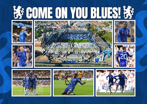 RJR PRINTS Chelsea 'Come On You Blues! 2024/5 Team Football Players Multi Signed A4 Montage Fotodruck, ein tolles Geschenk für jeden Fan.