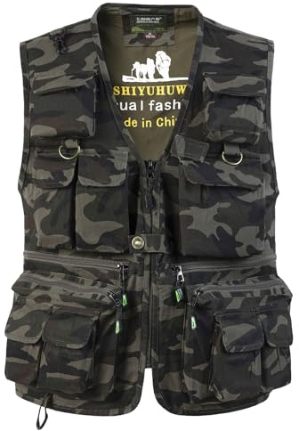 SUSHIMIAN Chaleco de Pesca con Múltiples Bolsillo para Hombre Chaleco Tip Safari Chaqueta Sin Mangas de Caza Chaleco de Fotografía, Camuflaje Verde, L