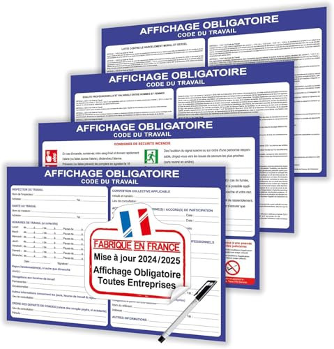 Affichage obligatoire entreprise code du travail version 2025 - Affichage réglementaire entreprise - Panneaux affichage obligatoire plastifiés - Ecriture modifiable + feutre offert (x4 formats A4)