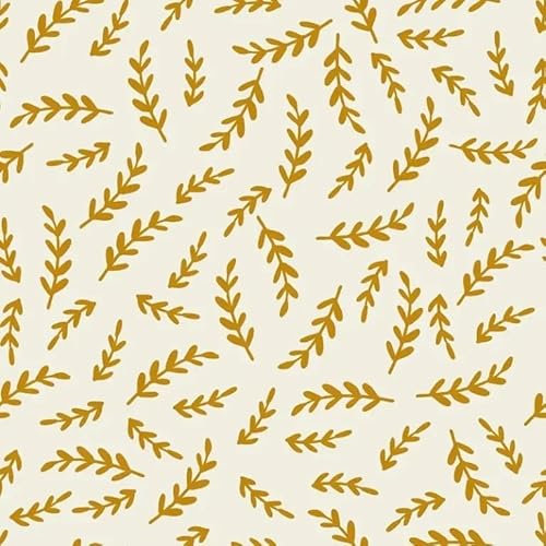Decorative Wallpaper in Golden Leaves, Botanical Pattern, Cream Background