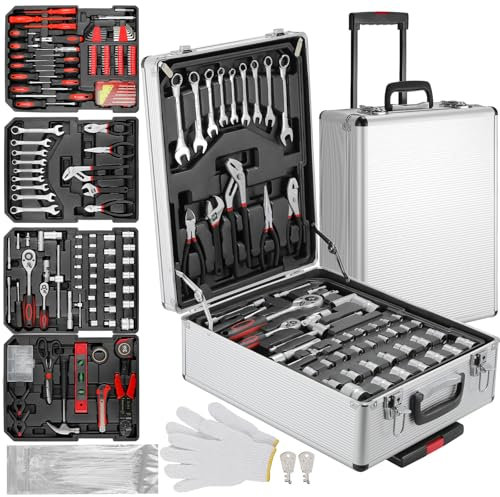 TLGREEN Werkzeugkoffer gefüllt 799-teilig Werkzeug Set im Aluminiumkoffer, Werkzeugkasten Rollkoffer, Werkzeug-Trolley Werkzeugsatz für Auto|DIY Reparatur und Wartung, für Haushalt, Garage & Werkstatt
