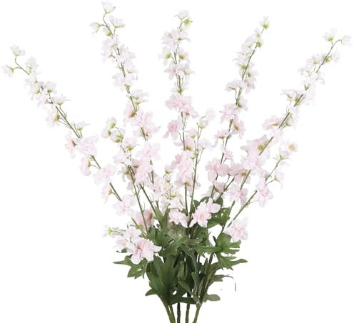 INSUNSIX Lot de 5 fleurs artificielles delphinium rose pâle en soie à longue tige pour grand vase, centres de table de mariage, décoration d'intérieur (rose pâle)