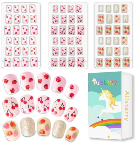 Allstarry 72pcs Kids Nails Press on Pre-glue Rainbow Candy Fake Nails | 3 PackFull Cover Glitter Cherry Strawberry Pink Short False Nail Kits Lovely Gift for Little Girls Nail Art Decoration