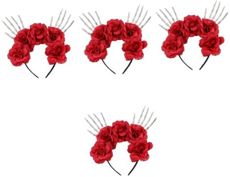 Healeved 4 Pièces Bandeau Halloween Crâne et Roses Écarlates Accessoire Élégant pour Costumes Fêtes et Photographie