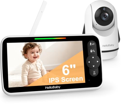 HelloBaby 6 Zoll Babyphone mit Kamera, Babyfon ohne WLAN mit 4000-mAh-Akku | Großes Display mit Kamera und Audio, ECO-Modus, Nachtsicht, Fernbedienbare PTZ-Kamera, Zwei-Wege-Kommunikation, Schlaflieder
