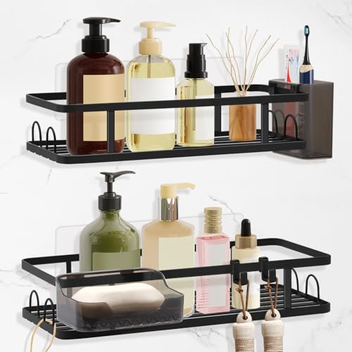 Alyvisun Shower Shelf No Drilling, 4 Pack Shower Storage with Soap Holder, Toothbrush Holder, Bathroom Shelves with Large Capacity, Shower Caddy for Shampoo, Toiletries, Black