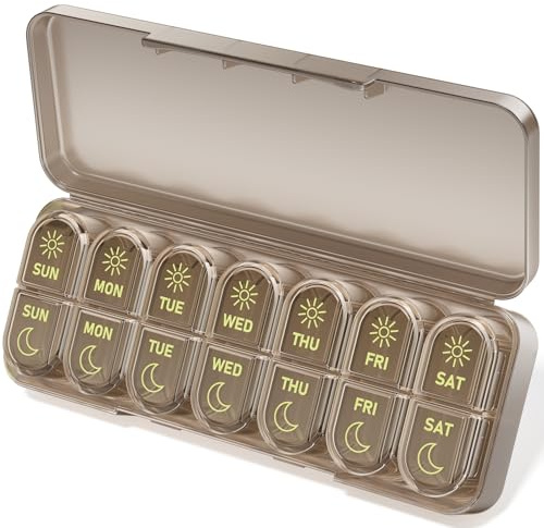 Betife AM PM Pill Organizer 7 Day, Weekly Pill Organizer 2 Times a Day, Daily Pill Box AM PM, Portable Travel Medicine Case, Day and Night Pill Container for Medication, Vitamin or Supplement（Brown）