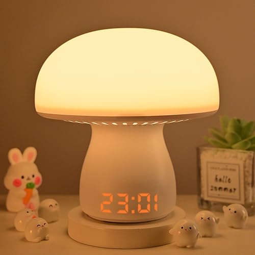 AVEKI Pilzlampe mit Uhr, süße Touch Nachttischlampe für Schlafzimmer & Wohnzimmer, kleine kabello seschreibtisch lampe für Nachttisch, aufladbare Pilz Nachtlicht für Kinder und Erwachsen (Uhr)