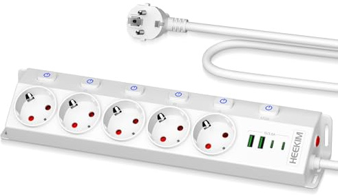 Multiprise 5 Prises avec 2 USB-A et 2 USB-C, Multiprise avec Interrupteur 4000W 16A, Rallonge Électrique 2M pour Cuisine et Bureau, Noir (Blanc, 2M)