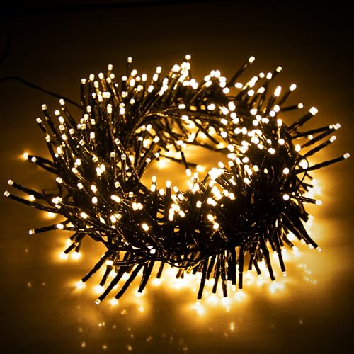 EcoNour Cluster-Lichterkette mit 1000 LEDs – 6 Stunden Leuchtdauer, 8 Lichtmodi, Netzanschluss, wasserdicht, für den Innen- und Außenbereich – 1000 LEDs / 12.5 m Leuchtlänge, Warmweiß