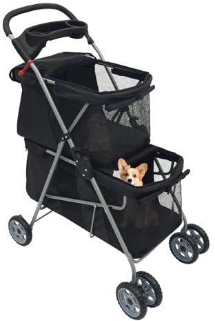 Premium Haustierwagen für Hunde Katzen, Hundebuggy bis 20kg, 2-in-1 Doppeletage mit Atmungsaktivem, 360° Schwenkräder Feststellbremse, Klappbarer Transportwagen für Spaziergang, Reise, Outdoor