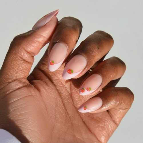 Glamnetic Press On Nails - Short Almond, Glossy Fake Nails 30 Pc Full Kit | Strawberry french tip press on nails. Designer luxury glue-on set in 15 sizes. chip-resistant, up to 2 weeks wear