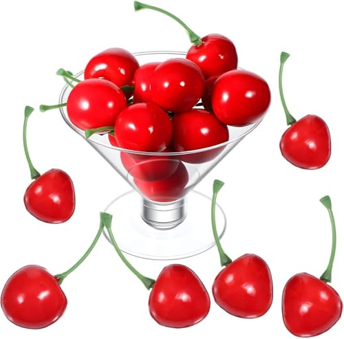Cawhui 50PCS Realistic Artificial Cherries, Fake Cherries, Lifelike Red Cherry, Simulation Cherry Model, Bulk Fake Cherrys, Home Kitchen Party Decoration Desk Ornament Photography Prop