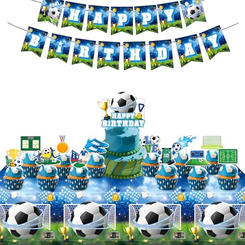 pekifaves Décoration d'anniversaire de football, décoration de gâteau pour garçon, bannière de football, décoration de gâteau, nappe pour fête d'anniversaire d'enfant, bleu, Kit Fête Anniversaire Foot