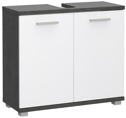 Forte Champ Waschbeckenunterschrank 70, moderner Badschrank mit 2 Türen, Aussparung für Siphon, Badezimmer, Weiß Glanz mit Betonoptik Dunkelgrau, 69,9 cm breit x 62 cm hoch x 28,9 cm tief