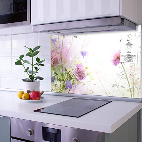banjado Küchenrückwand Glas ohne Bohren 90x60cm – Glasrückwand Küche mit Motiv Wiese Blumen/Spritzschutz Küchenrückwand Glas/selbstklebende Küchenrückwand Platte - magnetisch & beschreibbar