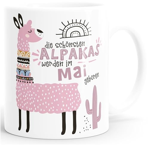SpecialMe® Kaffee-Tasse Die Schönsten Alpakas werden im Januar-Dezember geboren anpassbares Motiv Geburtsmonat individuelle Geburtstags-Geschenke Lama Mai Rosa weiß Keramik-Tasse