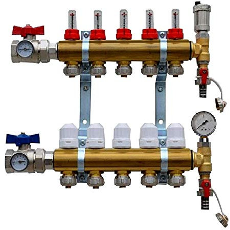 Heating-Instal Edelstahl Heizkreisverteiler für Fußbodenheizung mit Kugelhahn 1 mit Verschraubung mit Thermometer mit Entlüftungsgruppe (12 Kreise)