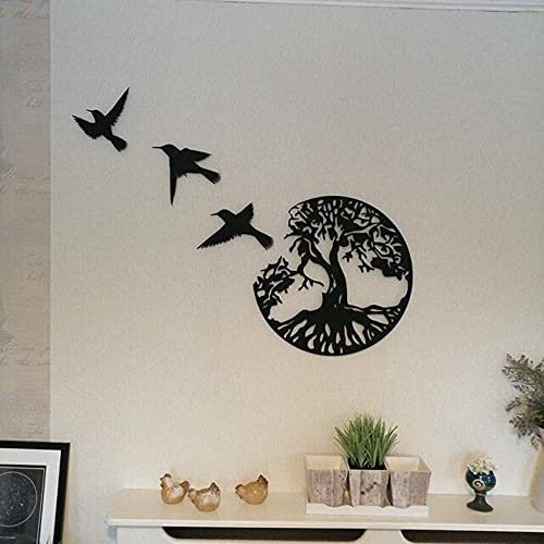 HQL 11,8 Art Mural Arbre de Vie Noir en métal - Sculpture Murale 3 Oiseaux Volants - Décorations intérieures et extérieures pour la Chambre à Coucher, décoration Murale Ronde Moderne