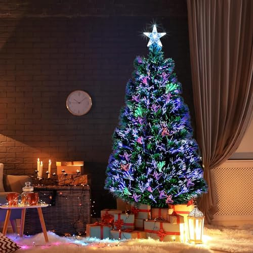 Green Christmas tree x-mas tree Fiber Optic Color changing multi colour with stand free standing Artificial Xmas Tree with Star Topper Holiday Decoration for Home, Office & Parties (150CM (5 FEET))