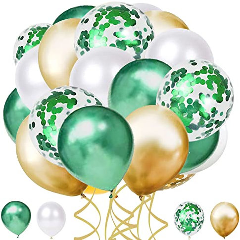 62 Stück Luftballons, Grün Metallic Luftballons weiße Gold Latex Luftballons für Taufe Kinder Kindergarten Geburtstagsdeko Kindergeburtstag Dschungel Party Deko Safari Geburtstag Dekoration