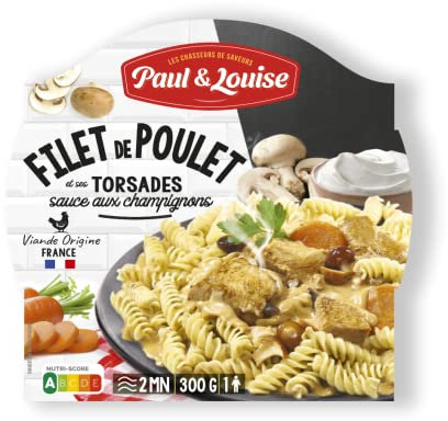 Paul & Louise Filet de poulet & Torsades, champignons à la crème 300g - Prêt en 2 min- 100% viande origine France