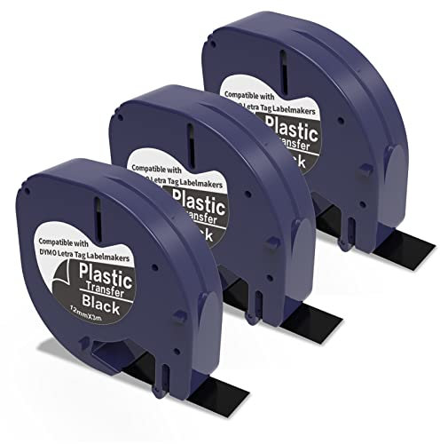 3 x LT-335 Schwarzes Etikettenband 12mm x 3m Kompatible Schriftband als Ersatz für Dymo Etikettenband Kunststoff Letratag Bänder für Dymo LetraTag Beschriftungsgerät XR LT110T LT100H LT100T 2000