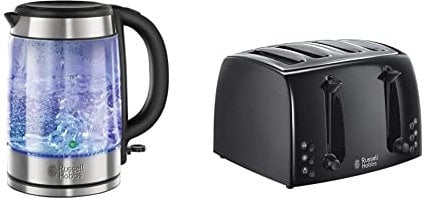Russell Hobbs 21600-10 Illuminating Glass Kettle, Black, 1.7 Litre, 3000 Watt & 21651 Textures 4-Slice Toaster 21651-Black, Plastic, Black