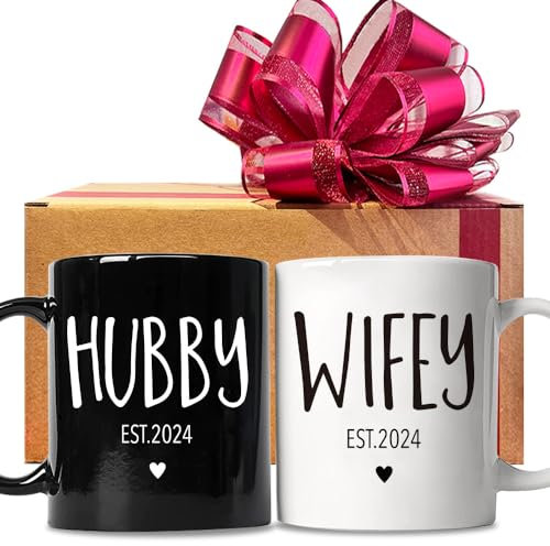 FALJIOK Est 2025 Hubby & Wifey Coffee Mug Set, Wedding Mug Gifts for Couple, Bride Groom Mug Set, Novelty Couples Coffee Mug Set, Mr and Mrs Mugs, Mr & Mrs Bridal Shower Gift, Wedding Gifts