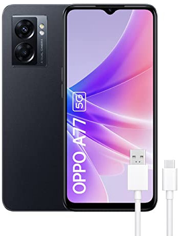 OPPO A77 5G - Telefono cellulare libero, 4GB+64GB, fotocamera 48+2MP, Smartphone Android, Batteria 5000mAh, Batteria 5000mAh, Ricarica Rapida 33W, Dual SIM - Nero