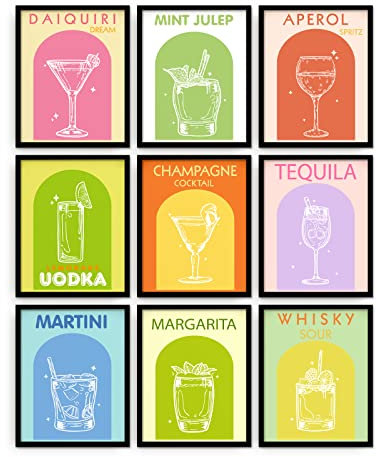 ORIGACH Colorful Wine Glass Line Wall Art Prints Set of 9 Watercolour Alcohol Cocktail Prints Wall Art Canvas Artwork Prints for Bedroom Living Room Bathroom Decor(8 X 10, Unframed)