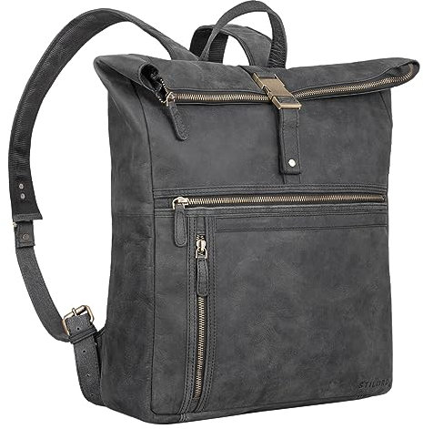 STILORD 'Edmund' Echtleder Rolltop Rucksack Leder Herren und Damen moderner Vntage Lederrucksack Fahrrad- und Cityrucksack mit Laptop-Fach 17 Zoll groß, wasserdicht, Farbe:anthrazit