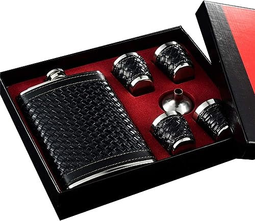 Juego de petaca negra de 9 onzas – Piel sintética tejida y acero inoxidable con embudo y 4 tazas, petaca pequeña para viajes, hombres, cazadores, senderismo, caza, día del padre, cumpleaños, día del
