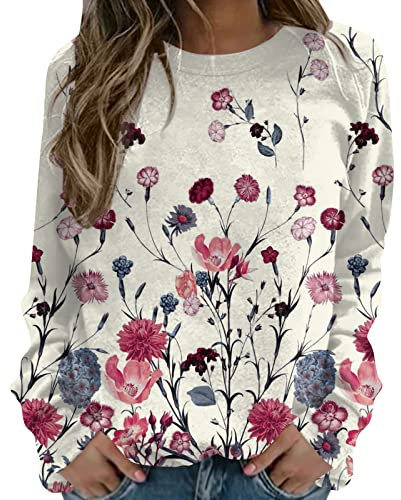 Femme Sweatshirts Mode Fleurie Col Rond Hoodies Chic Manches Longues Manteaux Casual Sport Adulte Automne Pas Cher Sweat Hiver Chaud Noel Vetement Femme Christmas Cadeau Noel Rose XL