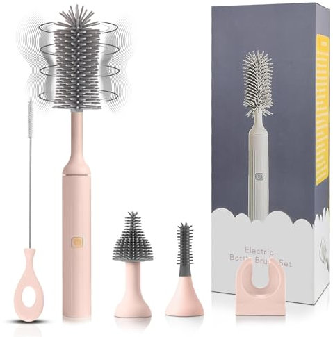 Augensterm Electric Cleaning Brush with USB Rechargeable Electric Bottle Brush Cleaner and 3 Replaceable Silicone Bottle Brushes and Straw Cleaner Brush,Perfect Baby Gifts and Kitchen Brushes(Pink)