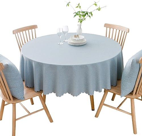 BHOMTY Runde Tischdecke aus Baumwolle und Leinen, schmutzabweisend, geeignet für Esstische, Couchtische, Balkone und Gärten Hellblau, Durchmesser 120 cm