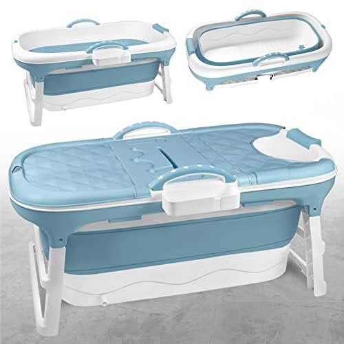 TRMLBE Badewanne Erwachsene Faltbare 148 x 62 x 52cm PP+TPE Badewanne Klappbar Tragbar Mobile Bathtub mit Abnehmbare Abdeckung und Griff - Blau