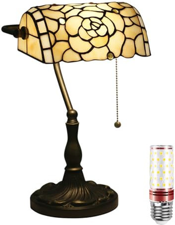 Uziqueif Retro Tiffany Style Tischlampe/Bankerlampe - E27 Schreibtischlampe mit Zugkettenschalter und 1 Leuchtmittel, Legierungsbasis - für Büro,Hause,Wohnzimmer,Schlafzimmer,Esszimmer,Rose a