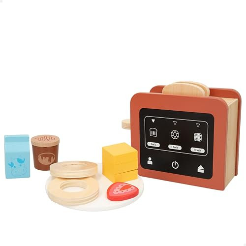 WOOMAX Tostapane in legno per bambini, 9 Accessori, Elettrodomestico giocattolo, Accessori Cucina, Giochi educativi, Giocattoli per bambini 2 anni, Regali di compleanno bambini (47598)