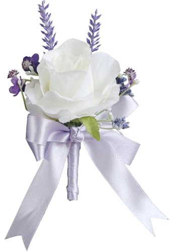 Whakano Elegante Künstliche Blume Rosen Boutonniere Hochzeit Weiß Lila,Schleifenband Ansteckblume Dekor,Prom Corsage,Hochzeitsanstecker für Braut Brautjungfer Gäste Herren Damen Party