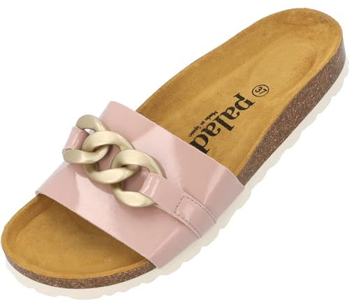 Palado Pantoletten Damen Gozo - bequeme Sandalen Made in Spain - Hausschuhe mit dämpfendem Kork-Fußbett - modische Sommerschuhe Rosa Lack UK8 - EU41